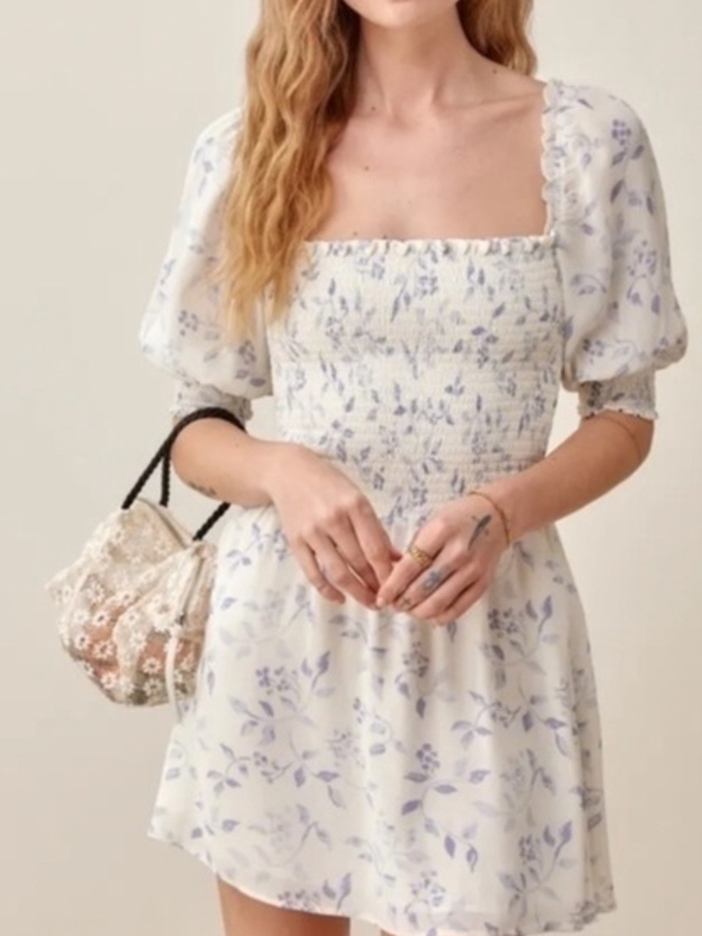 Reformation White Mini Dress with Lavender Floral Print Size 4